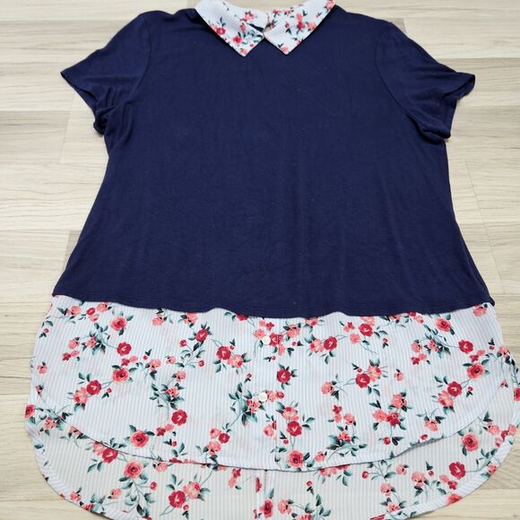 ELLE Womens Blue Rose Collar Trim Blouse Shirt Small - Picture 3 of 9